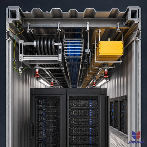 معماری کابل‌کشی دیتاسنتر در فضای محدود کانتینری.