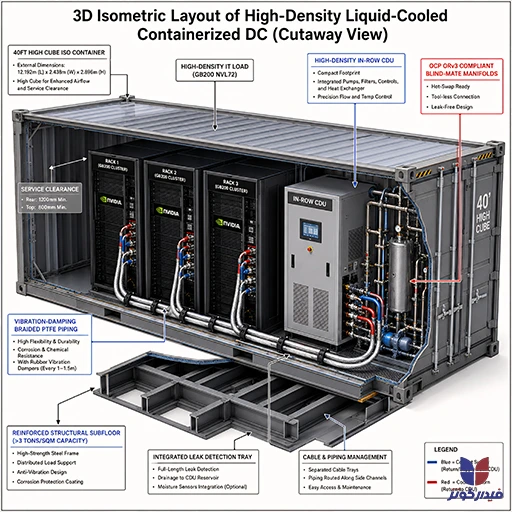 3D Isometric Layout of High-Density Liquid-Cooled Containerized DC