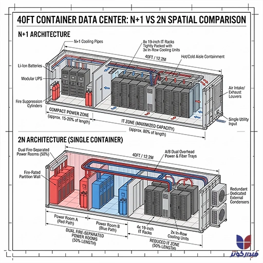مقایسه فضایی N+1 و 2N در کانتینر ۴۰ فوت (Split-Screen 3D Cutaway)