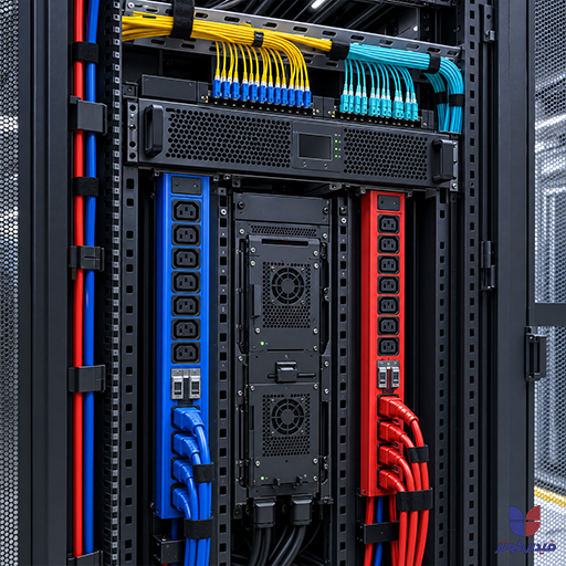 تغذیه دوگانه برق (PDU A/B)، کلید استاتیک STS و تفکیک مسیرهای فیبر نوری در رک مرکز داده ماژولار